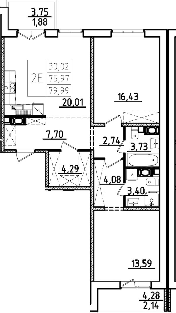 2-комнатная квартира 79.99 м², 8/9 эт., ЖК «IQ Гатчина 3»
